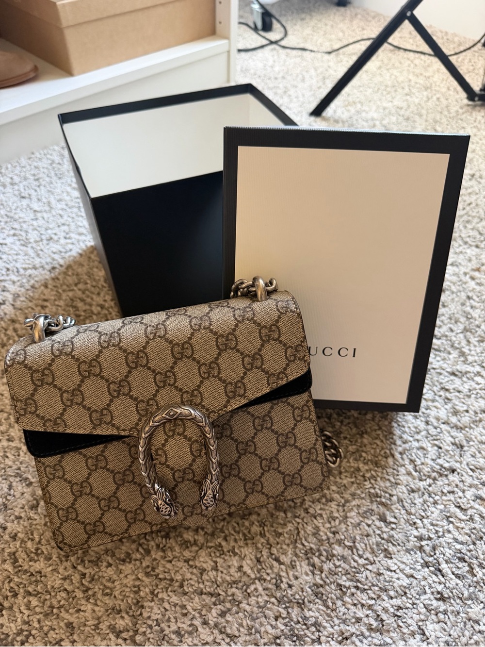 Gucci Beige GG Supreme Shoulder Bag with Black Trim & Silver Hardware with Box